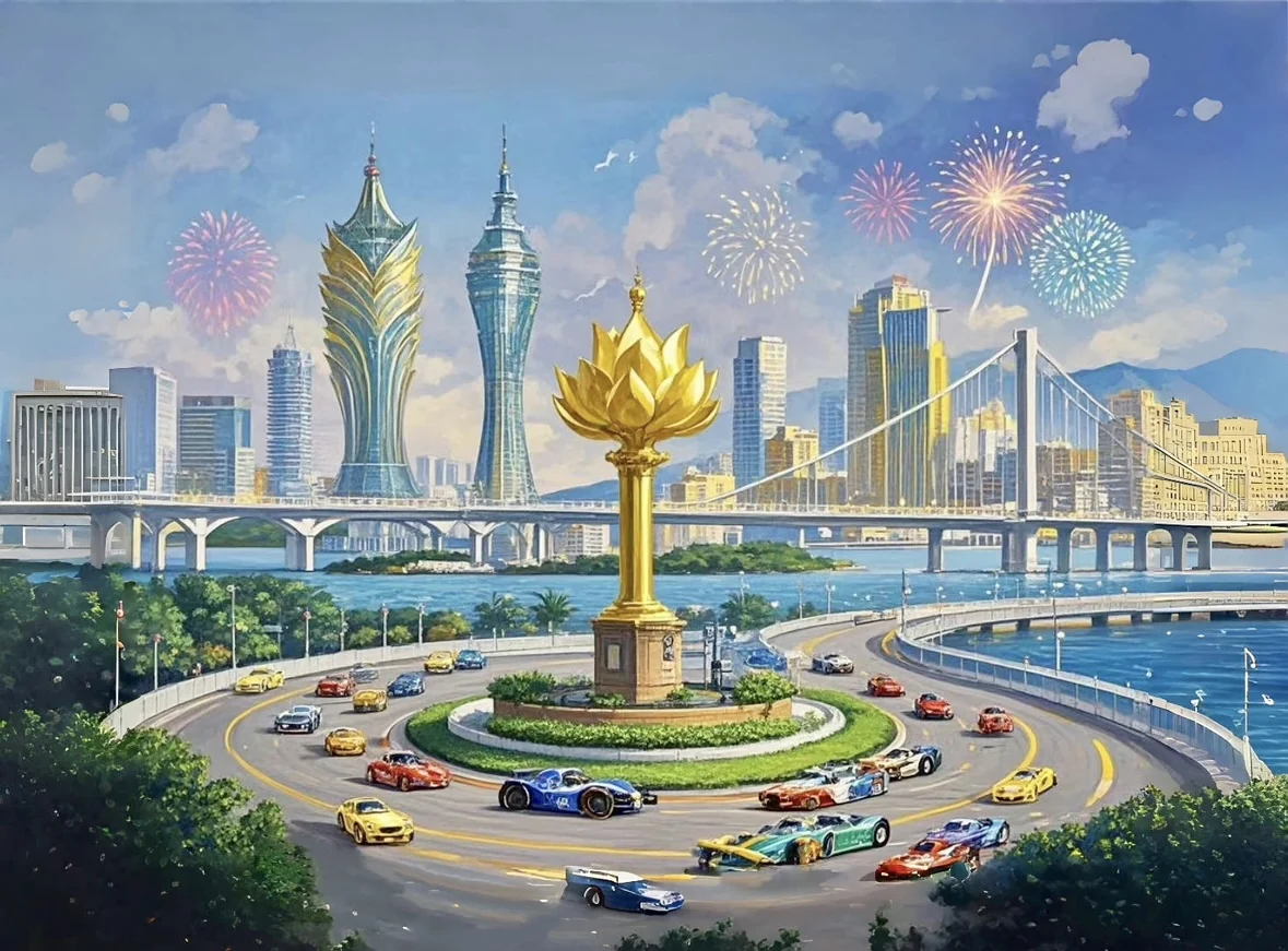 包含澳门城市与金莲花意象的视觉作品